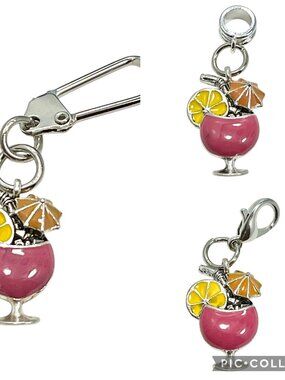 Tropical Fruit Drink Clip on Charm Zipper Pull Bag Charm Pink Yellow Enamel Cute